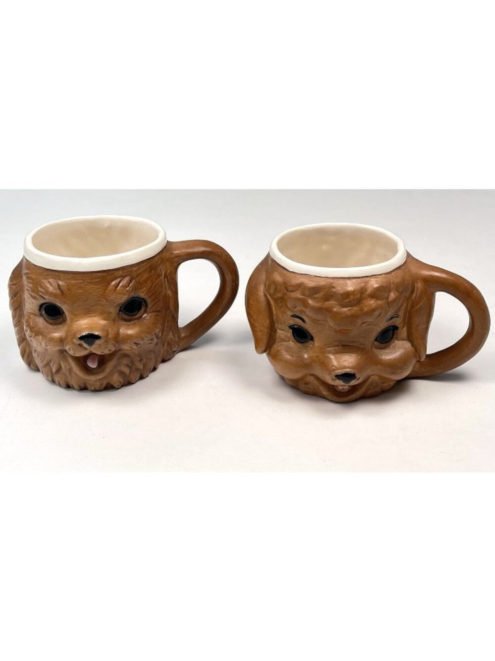 VTG Set 2 Brown Ceramic Handpainted 3D Dog Tea COFFEE MUGS Cocker Spaniel 3"